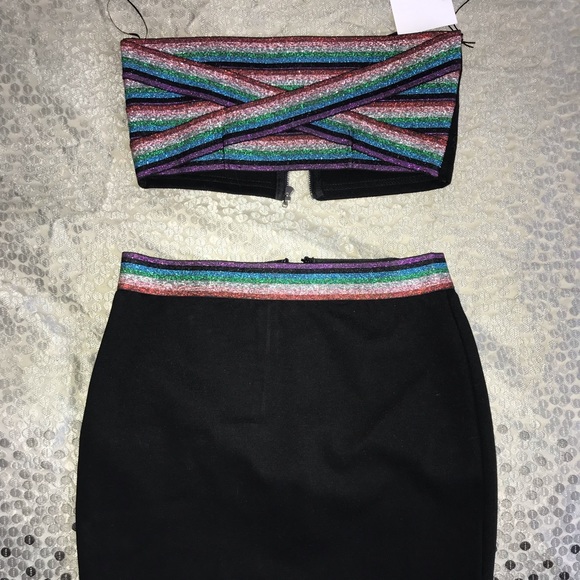 New bandage black dress set crop top and skirt rainbow sparkly REVOLVE 2pc Small - Picture 4 of 4